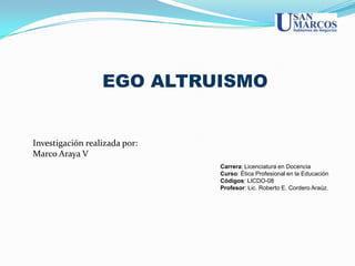 EGO ALTRUISMO


Investigación realizada por:
Marco Araya V
                               Carrera: Licenciatura en Docencia
                               Curso: Ética Profesional en la Educación
                               Códigos: LICDO-08
                               Profesor: Lic. Roberto E. Cordero Araúz.
 