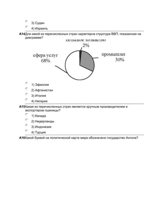 3) Судан
       4) Израиль
A14Для какой из перечисленных стран характерна структура ВВП, показанная на
   диаграмме?




       1) Эфиопия
       2) Афганистан
       3) Италия
       4) Нигерия
A15Какая из перечисленных стран является крупным производителем и
   экспортером пшеницы?
       1) Канада
       2) Нидерланды
       3) Индонезия
       4) Турция
A16Какой буквой на политической карте мира обозначено государство Ангола?
 