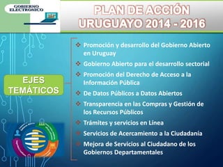 EJES
TEMÁTICOS
 Promoción y desarrollo del Gobierno Abierto
en Uruguay
 Gobierno Abierto para el desarrollo sectorial
 Promoción del Derecho de Acceso a la
Información Pública
 De Datos Públicos a Datos Abiertos
 Transparencia en las Compras y Gestión de
los Recursos Públicos
 Trámites y servicios en Línea
 Servicios de Acercamiento a la Ciudadanía
 Mejora de Servicios al Ciudadano de los
Gobiernos Departamentales
 