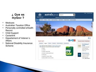 ¿ Que es¿ Que es
myGov ?myGov ?
• Medicare
• Australian Taxation Office
• Personally controlled eHealth
Record
• Child Support
• Centerlink
• Departament of Veteran´s
Affairs
• National Disability Insurance
Scheme
 