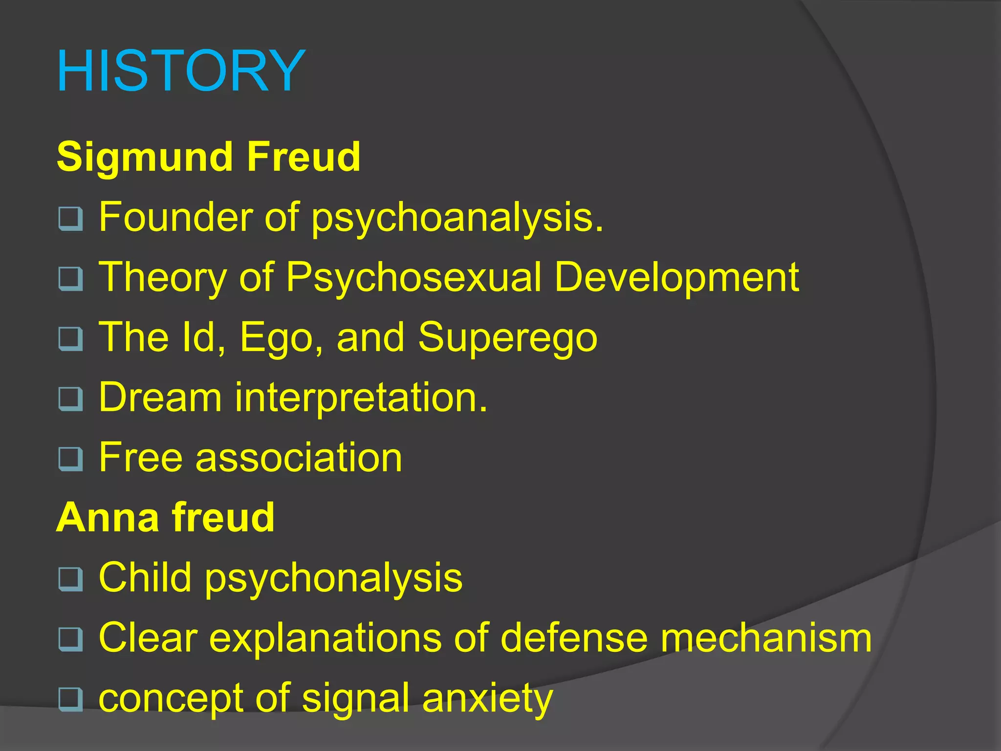 purpose of the Ego Defense Mechanisms is to protect the mind/self/ego from anxiety.HISTORYSigmund FreudFounder of psychoanalysis. 