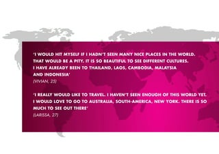 ‘I WOULD HIT MYSELF IF I HADN’T SEEN MANY NICE pLACES IN THE WORLD.
THAT WOULD BE A pITY. IT IS SO BEAUTIFUL TO SEE DIFFERENT CULTURES.
I HAVE ALREADY BEEN TO THAILAND, LAOS, CAMBODIA, MALAYSIA
AND INDONESIA’
(VIVIAN, 25)


‘I REALLY WOULD LIkE TO TRAVEL. I HAVEN’T SEEN ENOUGH OF THIS WORLD YET.
I WOULD LOVE TO GO TO AUSTRALIA, SOUTH-AMERICA, NEW YORk. THERE IS SO
MUCH TO SEE OUT THERE’
(lARISSA, 27)
 