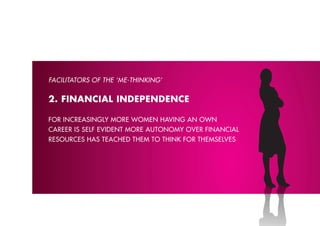 FACIlITATORS OF THE ‘M-ձ’


2. FINANCIAL INDEpENDENCE

for increAsinGlY more women hAvinG An own
cAreer is self eviDent more AutonomY over finAnciAl
resources hAs teAcheD them to think for themselves
 