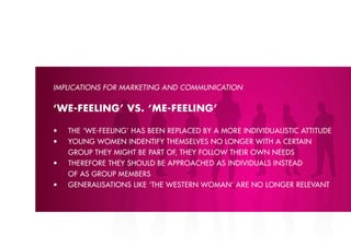 IMPlICATIONS FOR MARKETING AND COMMUNICATION


‘WE-FEELING’ VS. ‘ME-FEELING’

•	   The	‘we-feeling’	has	been	replaced	by	a	more	individualisTic	aTTiTude
•	   young	women	indenTify	Themselves	no	longer	wiTh	a	cerTain	
     Group theY miGht be pArt of, theY follow their own neeDs
•	   Therefore	They	should	be	approached	as	individuals	insTead	
     of As Group members
•	   generalisaTions	like	‘The	wesTern	woman’	are	no	longer	relevanT
 