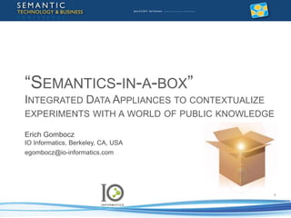 “SEMANTICS-IN-A-BOX”
INTEGRATED DATA APPLIANCES TO CONTEXTUALIZE
EXPERIMENTS WITH A WORLD OF PUBLIC KNOWLEDGE
1
Erich Gombocz
IO Informatics, Berkeley, CA, USA
egombocz@io-informatics.com
 