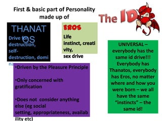 First & basic part of Personality
made up of
Drive for
destruction,
self-
destruction, domi
nance
UNIVERSAL –
everybody has the
same id drive!!!
Everybody has
Thanatos, everybody
has Eros, no matter
where and how you
were born – we all
have the same
“instincts” – the
same id!
THANAT
OS
•Driven by the Pleasure Principle
•Only concerned with
gratification
•Does not consider anything
else (eg social
setting, appropriateness, availab
ility etc)
 