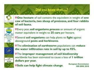 Did you know that….?
                              that….?

 One hectare of soil contains the equivalent in weight of one
cow of bacteria, two sheep of protozoa, and four rabbits
of soil fauna.
 Every year, soil organisms process an amount of organic
matter equivalent in weight to 25 cars per hectare.
 Several soil organisms can help plants to fight against
aboveground pests and herbivores.
 The elimination of earthworm populations can reduce
the water infiltration rate in soil by up to 93%.
 The improper management of soil biodiversity
worldwide has been estimated to cause a loss of 1 trillion
dollars per year.
                                             European Commission
 Soils can help fight climate change.               DG ENV, 2010
 
