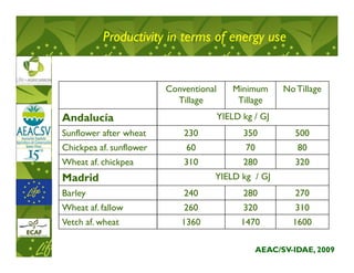 Productivity in terms of energy use


                         Conventional       Minimum       No Tillage
                           Tillage           Tillage
Andalucía                               YIELD kg / GJ
Sunflower after wheat        230              350            500
Chickpea af. sunflower       60                70            80
Wheat af. chickpea           310              280            320
Madrid                              YIELD kg / GJ
Barley                       240              280            270
Wheat af. fallow             260              320            310
Vetch af. wheat             1360              1470          1600

                                                    AEAC/SV-IDAE, 2009
 