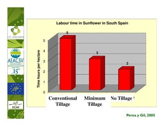 Labour time in Sunflower in South Spain

                                     5

                         5


                         4
Time hours per hectare



                                                     3

                         3
                                                                      2

                         2


                         1


                         0
                                Laboreo
                             Conventional      Laboreo
                                               Minimum      Siembra Directa
                                                             No Tillage
                              Convencional     Mínimo
                                Tillage         Tillage

                                                                      Perea y Gil, 2005
 
