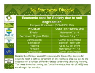 Soil Framework Directive
      Economic cost for Society due to soil
                 degradation
               European Commission (COM(2006) 231)
             PROBLEM                      COST ( x € 1000 000 000)
               Erosion                         Between 0,7 y 14
    Decrease in Organic Matter                 Between 3,4 y 5,6
            Compactation                     Cannot be estimated
             Salinization                    Between 158 y 321
              Flooding                        Up to 1,2 per event
              Pollution                      Between 2,4 y 17,3
            Compactation                     Cannot be estimated
Despite the efforts of several Presidencies, the Council has been so far
unable to reach a political agreement on this legislative proposal due to the
opposition of a number of Member States constituting a blocking minority.
The latest discussions during the Czech Presidency (first half of 2009) have
not changed this situation.
 