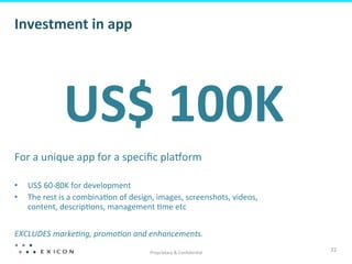 Investment	
  in	
  app	
  

US$	
  100K	
  

	
  
For	
  a	
  unique	
  app	
  for	
  a	
  speciﬁc	
  pla_orm	
  
	
  
• 
• 

US$	
  60-­‐80K	
  for	
  development	
  	
  
The	
  rest	
  is	
  a	
  combina8on	
  of	
  design,	
  images,	
  screenshots,	
  videos,	
  
content,	
  descrip8ons,	
  management	
  8me	
  etc	
  

EXCLUDES	
  marke3ng,	
  promo3on	
  and	
  enhancements.	
  	
  
Proprietary	
  &	
  Conﬁden8al	
  

22	
  

 