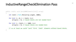 InductiveRangeCheckElimination Pass
34
public static void Zero1000Elements(int[] array)
{
int limit = Math.Min(array.Length, 1000);
for (int i = 0; i < limit; i++)
array[i] = 0; // bound checks are not needed here!
for (int i = limit; i < 1000; i++)
array[i] = 0; // bound checks are needed here
// so at least we could "zero" first `limit` elements without bound checks
}
 