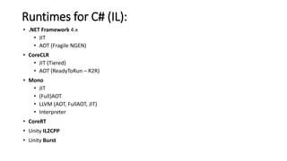 Runtimes for C# (IL):
• .NET Framework 4.x
• JIT
• AOT (Fragile NGEN)
• CoreCLR
• JIT (Tiered)
• AOT (ReadyToRun – R2R)
• Mono
• JIT
• (Full)AOT
• LLVM (AOT, FullAOT, JIT)
• Interpreter
• CoreRT
• Unity IL2CPP
• Unity Burst
 
