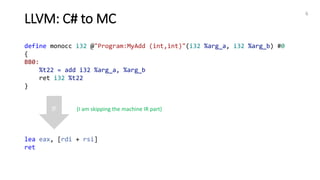 LLVM: C# to MC
6
define monocc i32 @"Program:MyAdd (int,int)"(i32 %arg_a, i32 %arg_b) #0
{
BB0:
%t22 = add i32 %arg_a, %arg_b
ret i32 %t22
}
lea eax, [rdi + rsi]
ret
llc
(I am skipping the machine IR part)
 