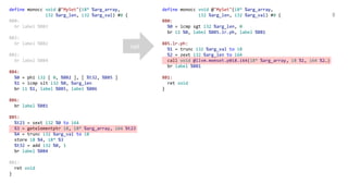 8
define monocc void @"MySet"(i8* %arg_array,
i32 %arg_len, i32 %arg_val) #0 {
BB0:
br label %BB3
BB3:
br label %BB2
BB2:
br label %BB4
BB4:
%0 = phi i32 [ 0, %BB2 ], [ %t32, %BB5 ]
%1 = icmp slt i32 %0, %arg_len
br i1 %1, label %BB5, label %BB6
BB6:
br label %BB1
BB5:
%t23 = sext i32 %0 to i64
%3 = getelementptr i8, i8* %arg_array, i64 %t23
%4 = trunc i32 %arg_val to i8
store i8 %4, i8* %3
%t32 = add i32 %0, 1
br label %BB4
BB1:
ret void
}
opt
define monocc void @"MySet"(i8* %arg_array,
i32 %arg_len, i32 %arg_val) #0 {
BB0:
%0 = icmp sgt i32 %arg_len, 0
br i1 %0, label %BB5.lr.ph, label %BB1
BB5.lr.ph:
%1 = trunc i32 %arg_val to i8
%2 = zext i32 %arg_len to i64
call void @llvm.memset.p0i8.i64(i8* %arg_array, i8 %1, i64 %2…)
br label %BB1
BB1:
ret void
}
 