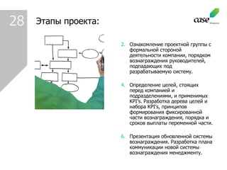 Этапы проекта : Ознакомление проектной группы с формальной стороной деятельности компании, порядком вознаграждения руководителей, подпадающих под разрабатываемую систему.  Определение целей, стоящих перед компанией и подразделениями, и применимых  KPI ’ s .   Разработка дерева целей и набора  KPI ’ s , принципов формирования фиксированной части вознаграждения, порядка и сроков выплаты переменной части.  Презентация обновленной системы вознаграждения.   Разработка плана коммуникации новой системы вознаграждения менеджменту. 28 