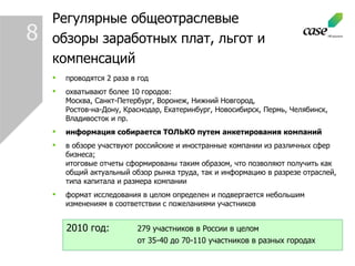 8 проводятся 2 раза в год охватывают более 10 городов :  Москва, Санкт-Петербург, Воронеж, Нижний Новгород, Ростов-на-Дону, Краснодар, Екатеринбург, Новосибирск, Пермь, Челябинск, Владивосток и пр. информация собирается ТОЛЬКО путем анкетирования компаний в обзоре участвуют российские и иностранные компании из различных сфер бизнеса ;  итоговые отчеты сформированы таким образом, что позволяют получить как общий актуальный обзор рынка труда, так и информацию в разрезе отраслей, типа капитала и размера компании формат исследования в целом определен и подвергается небольшим изменениям в соответствии с пожеланиями участников Регулярные   общеотраслевые обзоры заработных   плат, льгот и компенсаций 2010 год : 279 участников в России в целом от 35-40 до 70-110 участников в разных городах 