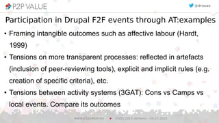 18
Participation in Drupal F2F events through AT:examples
● Framing intangible outcomes such as affective labour (Hardt,
1999)
● Tensions on more transparent processes: reflected in artefacts
(inclusion of peer-reviewing tools), explicit and implicit rules (e.g.
creation of specific criteria), etc.
● Tensions between activity systems (3GAT): Cons vs Camps vs
local events. Compare its outcomes
EGOS 2015 (Athens) – 04.07.2015www.p2pvalue.eu
@drozas
 
