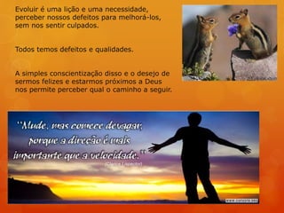 Evoluir é uma lição e uma necessidade,
perceber nossos defeitos para melhorá-los,
sem nos sentir culpados.
Todos temos defeitos e qualidades.
A simples conscientização disso e o desejo de
sermos felizes e estarmos próximos a Deus
nos permite perceber qual o caminho a seguir.
 