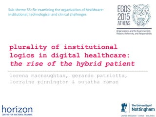 Sub-theme 55: Re-examining the organization of healthcare:
institutional, technological and clinical challenges
plurality of institutional
logics in digital healthcare:
the rise of the hybrid patient
lorena macnaughtan, gerardo patriotta,
lorraine pinnington & sujatha raman
 