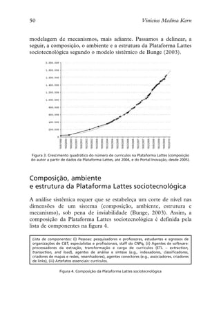 50                                                               Vinícius Medina Kern


modelagem de mecanismos, mais adiante. Passamos a delinear, a
seguir, a composição, o ambiente e a estrutura da Plataforma Lattes
sociotecnológica segundo o modelo sistêmico de Bunge (2003).




Figura 3. Crescimento quadrático do número de currículos na Plataforma Lattes (composição
do autor a partir de dados da Plataforma Lattes, até 2004, e do Portal Inovação, desde 2005).




Composição, ambiente
e estrutura da Plataforma Lattes sociotecnológica
A análise sistêmica requer que se estabeleça um corte de nível nas
dimensões de um sistema (composição, ambiente, estrutura e
mecanismo), sob pena de inviabilidade (Bunge, 2003). Assim, a
composição da Plataforma Lattes sociotecnológica é definida pela
lista de componentes na figura 4.

 Lista de componentes: (i) Pessoas: pesquisadores e professores, estudantes e egressos de
 organizações de C&T, especialistas e profissionais, staff do CNPq, (ii) Agentes de software:
 processadores da extração, transformação e carga de currículos (ETL – extraction,
 transaction, and load), agentes de análise e síntese (e.g., indexadores, classificadores,
 criadores de mapas e redes, resenhadores), agentes conectores (e.g., associadores, criadores
 de links), (iii) Artefatos essenciais: currículos.

                Figura 4. Composição da Plataforma Lattes sociotecnológica
 