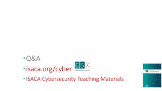 • Q&A
• isaca.org/cyber
• ISACA Cybersecurity Teaching Materials
 