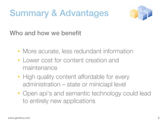 Summary & Advantages

 Who and how we benefit

      • More acurate, less redundant information
      • Lower cost for content creation and
        maintenance
      • High quality content affordable for every
        administration – state or miniciapl level
      • Open api‘s and semantic technology could lead
        to entirely new applications

www.gentics.com                                         9
 