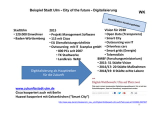WKWK
Beispiel Stadt Ulm - City of the future - Digitalisierung
Vision für 2030
• Open Data (Transparenz)
• Smart City
• Outsourcing von IT
• Driverless cars
• Smart grids (Energie)
• Telemedizin
BMBF (Forschungsministerium)
• 2015: 51 Städte Vision
• 2016/17: 20 Städte Maßnahmen
• 2018/19: 8 Städte echte Labore
2015
• Projekt Management Software
• 115 mit Cisco
• EU Dienstleistungsrichtlinie
• Outsourcing mit IT Scanplus gmbH
• 800 PCs seit 2007
• TK Stadtwerke
• Landkreis WAN
StadtUlm
• 120.000 Einwohner
• Baden-Württemberg
Digititalisierung als Haupttreiber
für die Zukunft
www.zukunftsstadt-ulm.de
Cisco kooperiert auch mit Berlin
Huawei kooperiert mit Gelsenkirchen (“Smart City”)
http://www.swp.de/ulm/lokales/ulm_neu_ulm/Digital-Wettbewerb-Ulm-auf-Platz-zwei;art1222880,3897827
18
 