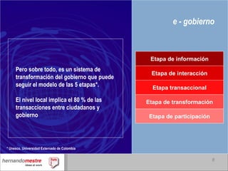 e - gobierno Pero sobre todo, es un sistema de transformación del gobierno que puede seguir el modelo de las 5 etapas*. El nivel local implica el 80 % de las transacciones entre ciudadanos y gobierno * Unesco. Universidad Externado de Colombia Etapa de información Etapa de interacción Etapa transaccional Etapa de transformación Etapa de participación 