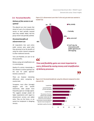 eGovernment Benchmark 2012 – INSIGHT report
Demand-side survey: Citizen Insights
2.6 Perceived Benefits
Delivery of the service is not
optimal
The adjacent pie chart reveals that
almost all users of an eGovernment
service at least partially received
what they needed. Albeit, half this
group remain only partially satisfied.
Perceived benefits of
eGovernment use
All respondents that used online
public services were asked what
they perceived to be the benefits of
using the online channel compared
to other traditional channels.
Time and flexibility are seen to be
the key benefits.
Money saving and simplification are
in a second group.
Quality of a service, interestingly, is
less relevant to citizens (perhaps not
the case for public agencies’
business customers?).
There are however interesting
differences when comparing at
country level.
Youngsters more often (strongly)
disagree with the benefit
statements; older people more
frequently agree (or strongly agree).
This suggests younger people set
higher expectations with regard to
eGovernment services and added
value. They are the future, so we
cannot be complacent in designing
services.
Figure 2.11: eGovernment users that ‘in the end, got what was wanted or
needed’ (%)
Time and flexibility gains are most important to
users, followed by saving money and simplification
of delivery processes
Figure 2.12: Perceived benefits for using the eChannel compared to other
channels (%)
47%
46%
5% 2% Yes, totally
Partially
No, not at all
I can’t say, my
interactions with
public agencies are
still ongoing
34
44
48
61
62
76
80
0 20 40 60 80 100
I got better quality of service
The process of service delivery
became more transparent
I got better control over the
process of service delivery
The process of service
delivery was simplified
I savedmoney
I gained flexibility
(intime and place)
I saved time
 