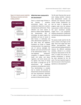 eGovernment Benchmark 2012 – INSIGHT report
Life-Event Service provision
Page 31 of 74
Figure 3.2: Generic process model for
‘Starting up a business and early
trading activities’
What has been measured in
this benchmark?
There is a broad range of factors in
the business / economic
environment factors that are
considered to determine a country’s
entrepreneurial performance. These
indicators can cover aspects as
diverse as labour-market regulation,
the dissemination rate of
technology, the patent regime, the
availability and ease of access to
debt finance, or bankruptcy and
other administrative regulations. On
the other hand, the regulatory
framework can hinder or impede
entrepreneurship if the opportunity
cost of start-up outweighs the
benefits. Such costs can be the result
of the administrative burden – e.g.
over-regulated professions,
complexity of obligation schemes,
health and safety, and labour
regulation, and social security and
tax regimes. One means of easing
the burden is through the use of
eGovernment ‘by simplifying
procedures and putting them online.
Thus, benchmarking is a valuable
tool to monitor the provision of
eGovernment services for businesses
and raise Governments’ awareness
in order to further stimulate the
provision of eGovernment services.
The life event ‘Business Start-up and
early trading activities’ measures
how eGovernment services are
delivered and showcases practices
around Europe. Comparisons can
also be made in assessing the
progress made since the previous
measurement in 2010. Furthermore,
this year’s benchmark provides
insights from a user perspective,
showing entrepreneur’s preferences
and how they perceive eGovernment
services.
The process model used for this life
event is shown in the Figure on this
page. Three main stages have been
defined (pre-registration, regis-
tration and early trading activities) to
measure the different underlying
activities, referred to as services
during the measurement of this life
event. To depict the journey of a
possible entrepreneur a ‘persona’
has been described for this life
event. The most important aspect to
take into account is that the persona
operates as a sole proprietor17.
17 For a more detailed description, please look at the process models and persona description in the Method Paper.
Early trading
activities
Hiringan
employee
Request
environmental
permit
Registration
Basic registration
Approval of
registration
Memberships
Tax and insurance
Publication
Pre-registration
Orientation
Proofs of
qualification
Administrative
requirements
 