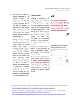eGovernment Benchmark 2012 – INSIGHT report
Life-Event Service provision
Ease of use: this reflects the
personal experience of the
mystery shoppers who
performed the journey through
the life event services. ‘Ease of
use’ captures whether the user
was able to complete the
required process steps smoothly
(logical succession of process
steps, clear instructions) and
achieve his goal. This indicator
averages 63% for EU-27+ which
equals a rating of 6.3.
Speed of use: similar to ease of
use, this indicator reflects
whether mystery shoppers were
able to complete the required
process steps within a
reasonable amount of time. A
score of 59% as depicted below
equals a rating of 5.9. Mystery
shoppers were not so positive
about the time aspect. They
made observations about
whether one could prepare
properly in order to go through
the services as quickly as
possible, about expectations of
the amount of time it would take
to complete the service and
whether the life event was
designed to facilitate the user in
completing the required services
in the shortest amount of time.
Time is an issue!
Following the publication of the
Small Business Act in December
200818, the Competitiveness Council
issued its “Conclusions on Think
Small First – A Small Business Act for
Europe”19. This document included
the Council’s Action Plan for a Small
Business Act for Europe underlining
inter alia the ambition of reducing
the time taken to register a new
business to three days.
This would be a tremendous
achievement throughout Europe, if
we take the figures below into
account20.
Entrepreneurs expect that they can
make an accurate estimation of the
time it will take them to complete a
certain activity. In most countries
this is not the case.
They need to plan carefully. The low
scores regarding ‘speed of use’ (5.9
on average) indicate Governments
are not living up to this expectation.
This conclusion is further supported
when we look at the following
questions which were assessed and
validated in the mystery shopping
exercise:
The time to start up a
business has been halved
over the past five years.
However, what is needed
is to cut it in half again
Figure 3.5: Average time (in days,
vertically) and costs (in euros,
horizontally) to start up a business
(EU-27)
18 Council of the European Union, Conclusions on "Think Small First – A Small Business Act for Europe" 2891st Competitiveness,
Internal Market, Industry and Research Council Meeting, Brussels, 1 and 2 December 2008
http://ec.europa.eu/enterprise/policies/sme/files/docs/sba/council_conclusions_dec08_en.pdf
19 The Council's Action Plan for a Small Business Act for Europe, Annex to the Council Conclusions of 1-2 December 2008
http://ec.europa.eu/enterprise/policies/sme/files/docs/sba/sba_action_plan_en.pdf
20 http://ec.europa.eu/enterprise/policies/sme/business-environment/start-up-procedures/progress-2011/index_en.htm
 