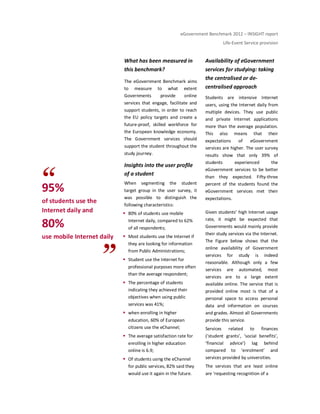 eGovernment Benchmark 2012 – INSIGHT report
Life-Event Service provision
95%
of students use the
Internet daily and
80%
use mobile Internet daily
What has been measured in
this benchmark?
The eGovernment Benchmark aims
to measure to what extent
Governments provide online
services that engage, facilitate and
support students, in order to reach
the EU policy targets and create a
future-proof, skilled workforce for
the European knowledge economy.
The Government services should
support the student throughout the
study journey.
Insights into the user profile
of a student
When segmenting the student
target group in the user survey, it
was possible to distinguish the
following characteristics:
80% of students use mobile
Internet daily, compared to 62%
of all respondents;
Most students use the Internet if
they are looking for information
from Public Administrations;
Student use the Internet for
professional purposes more often
than the average respondent;
The percentage of students
indicating they achieved their
objectives when using public
services was 41%;
when enrolling in higher
education, 60% of European
citizens use the eChannel;
The average satisfaction rate for
enrolling in higher education
online is 6.9;
Of students using the eChannel
for public services, 82% said they
would use it again in the future.
Availability of eGovernment
services for studying: taking
the centralised or de-
centralised approach
Students are intensive Internet
users, using the Internet daily from
multiple devices. They use public
and private Internet applications
more than the average population.
This also means that their
expectations of eGovernment
services are higher. The user survey
results show that only 39% of
students experienced the
eGovernment services to be better
than they expected. Fifty-three
percent of the students found the
eGovernment services met their
expectations.
Given students’ high Internet usage
rate, it might be expected that
Governments would mainly provide
their study services via the Internet.
The Figure below shows that the
online availability of Government
services for study is indeed
reasonable. Although only a few
services are automated, most
services are to a large extent
available online. The service that is
provided online most is that of a
personal space to access personal
data and information on courses
and grades. Almost all Governments
provide this service.
Services related to finances
(‘student grants’, ‘social benefits’,
‘financial advice’) lag behind
compared to ‘enrolment’ and
services provided by universities.
The services that are least online
are ‘requesting recognition of a
 