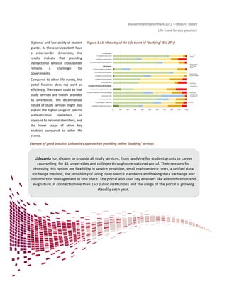 eGovernment Benchmark 2012 – INSIGHT report
Life-Event Service provision
Diploma’ and ‘portability of student
grants’. As these services both have
a cross-border dimension, the
results indicate that providing
transactional services cross-border
remains a challenge for
Governments.
Compared to other life events, the
portal function does not work as
efficiently. The reason could be that
study services are mainly provided
by universities. The decentralised
nature of study services might also
explain the higher usage of specific
authentication identifiers, as
opposed to national identifiers, and
the lower usage of other key
enablers compared to other life
events.
Figure 3.13: Maturity of the Life Event of ‘Studying’ (EU-27+)
Example of good practice: Lithuania’s approach to providing online ‘Studying’ services
0% 10% 20% 30% 40% 50% 60% 70% 80% 90% 100%
3.6 Registerforgraduation ceremony
3.5 Career advice - internships
3.4 International office
3.3 Personal profile
3.2 Enrolment additional courses (eg language)
3.1 Portability of student grant (abroad)
3 Support (during study/studying)
2.5 Financial advise
2.4 Applying for social benefits
2.3 Applying for student grants
2.2 Enrolling inhigher education
2.1 Request recognition of diploma
2 Enrolment
1.3 Understand admissionrequirements
1.2 Perform assessment tests
1.1 Advanced course search
1 Orientation
Automated
service
Service online
and through
portal
Service online
but not through
portal
Information
online and
through portal
Information
online but not
through portal
Offline
1Orientation
2 Enrolment
3 Support (duringstudy/studying)
Lithuania has chosen to provide all study services, from applying for student grants to career
counselling, for 45 universities and colleges through one national portal. Their reasons for
choosing this option are flexibility in service provision, small maintenance costs, a unified data
exchange method, the possibility of using open source standards and having data exchange and
construction management in one place. The portal also uses key enablers like eIdentification and
eSignature. It connects more than 150 public institutions and the usage of the portal is growing
steadily each year.
 