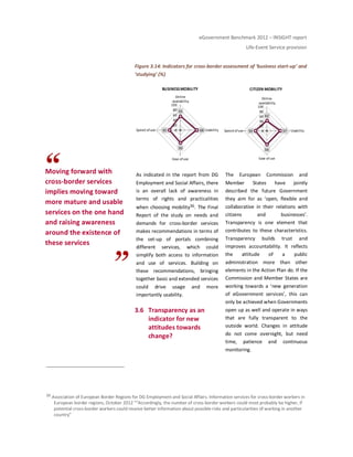 eGovernment Benchmark 2012 – INSIGHT report
Life-Event Service provision
Moving forward with
cross-border services
implies moving toward
more mature and usable
services on the one hand
and raising awareness
around the existence of
these services
Figure 3.14: Indicators for cross-border assessment of ‘business start-up’ and
‘studying’ (%)
As indicated in the report from DG
Employment and Social Affairs, there
is an overall lack of awareness in
terms of rights and practicalities
when choosing mobility36. The Final
Report of the study on needs and
demands for cross-border services
makes recommendations in terms of
the set-up of portals combining
different services, which could
simplify both access to information
and use of services. Building on
these recommendations, bringing
together basic and extended services
could drive usage and more
importantly usability.
3.6 Transparency as an
indicator for new
attitudes towards
change?
The European Commission and
Member States have jointly
described the future Government
they aim for as ‘open, flexible and
collaborative in their relations with
citizens and businesses’.
Transparency is one element that
contributes to these characteristics.
Transparency builds trust and
improves accountability. It reflects
the attitude of a public
administration more than other
elements in the Action Plan do. If the
Commission and Member States are
working towards a ‘new generation
of eGovernment services’, this can
only be achieved when Governments
open up as well and operate in ways
that are fully transparent to the
outside world. Changes in attitude
do not come overnight, but need
time, patience and continuous
monitoring.
36 Association of European Border Regions for DG Employment and Social Affairs. Information services for cross-border workers in
European border regions, October 2012 ““Accordingly, the number of cross-border workers could most probably be higher, if
potential cross-border workers could receive better information about possible risks and particularities of working in another
country”
55
68
50
45 0
20
40
60
80
100
Online
availability
Usability
Ease ofuse
Speed ofuse
BUSINESSMOBILITY
42
57
56
50 0
20
40
60
80
100
Online
availability
Usability
Ease ofuse
Speed ofuse
CITIZEN MOBILITY
 