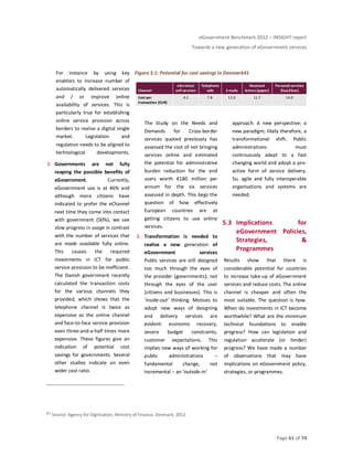 eGovernment Benchmark 2012 – INSIGHT report
Towards a new generation of eGovernment services
Page 61 of 74
For instance by using key
enablers to increase number of
automatically delivered services
and / or improve online
availability of services. This is
particularly true for establishing
online service provision across
borders to realise a digital single
market. Legislation and
regulation needs to be aligned to
technological developments.
2. Governments are not fully
reaping the possible benefits of
eGovernment. Currently,
eGovernment use is at 46% and
although more citizens have
indicated to prefer the eChannel
next time they come into contact
with government (50%), we see
slow progress in usage in contrast
with the number of services that
are made available fully online.
This causes the required
investments in ICT for public
service provision to be inefficient.
The Danish government recently
calculated the transaction costs
for the various channels they
provided, which shows that the
telephone channel is twice as
expensive as the online channel
and face-to-face service provision
even three-and-a-half times more
expensive. These figures give an
indication of potential cost
savings for governments. Several
other studies indicate an even
wider cost ratio.
Figure 5.1: Potential for cost savings in Denmark41
The Study on the Needs and
Demands for Cross-border
services quoted previously has
assessed the cost of not bringing
services online and estimated
the potential for administrative
burden reduction for the end
users worth €180 million per
annum for the six services
assessed in depth. This begs the
question of how effectively
European countries are at
getting citizens to use online
services.
3. Transformation is needed to
realise a new generation of
eGovernment services
Public services are still designed
too much through the eyes of
the provider (governments); not
through the eyes of the user
(citizens and businesses). This is
‘inside-out’ thinking. Motives to
adopt new ways of designing
and delivery services are
evident: economic recovery,
severe budget constraints,
customer expectations. This
implies new ways of working for
public administrations –
fundamental change, not
incremental – an ‘outside-in’
approach. A new perspective; a
new paradigm; likely therefore, a
transformational shift. Public
administrations must
continuously adapt to a fast
changing world and adopt a pro-
active form of service delivery.
So, agile and fully interoperable
organisations and systems are
needed.
5.3 Implications for
eGovernment Policies,
Strategies, &
Programmes
Results show that there is
considerable potential for countries
to increase take-up of eGovernment
services and reduce costs. The online
channel is cheaper and often the
most suitable. The question is how.
When do investments in ICT become
worthwhile? What are the minimum
technical foundations to enable
progress? How can legislation and
regulation accelerate (or hinder)
progress? We have made a number
of observations that may have
implications on eGovernment policy,
strategies, or programmes.
41 Source: Agency for Digitisation, Ministry of Finance, Denmark, 2012
Channel
eServices/
self-services
Telephone
calls E-mails
Received
letters (paper)
Personal services
(face2face)
Cost per
transaction (EUR)
4.2 7.8 11.0 11.7 14.0
 