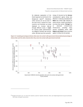 eGovernment Benchmark 2012 – INSIGHT report
Towards a new generation of eGovernment services
Page 65 of 74
An elaborate explanation of the
Danish approach can be found in the
Background report45. Mandatory
online services are not (at least in
the short term) a solution for many
countries and incentives are being
deployed to increase take-up
through different routes. In Spain
for instance public administrations
are obliged to provide new services
online. We have seen the successful
mixing of channels by the German
unemployment agency being very
effective in reducing unemployment.
Malta sees similar high maturity of
online services, mostly centralised in
one-stop-shop portals. Portugal has
an advanced e-Government
infrastructure, providing many
services completely online. With
Belgium and Ireland, these countries
appear to follow the set example.
Figure 5.3: revealing percentage of citizens that came into contact with government (horizontal) and percentage of
citizens that used the online channel when they came into contact with government (vertical)
45 Background report, par. 3.5. Source for statistics used her: Statistics Denmark, 2012, and: Digital Agenda for Europe Scoreboard,
2011 data. European Commission
AT
BE
BGHR
CY
CZ
DK
EE
EU27+
FI
FR
DE
EL
HU
IS
IE
IT
LV
LT LUMT
NL
NO
PL
PT
RO
SK
SI
ES
SE
CH
TR
UK
10%
20%
30%
40%
50%
60%
70%
50% 60% 70% 80% 90% 100%
eGovernmentUSERS(%internetpopulationthatusedthe
onlinechannelforcontactwithgovernment)
Government USERS (% internet population that came into contact with government
by any channel)
 