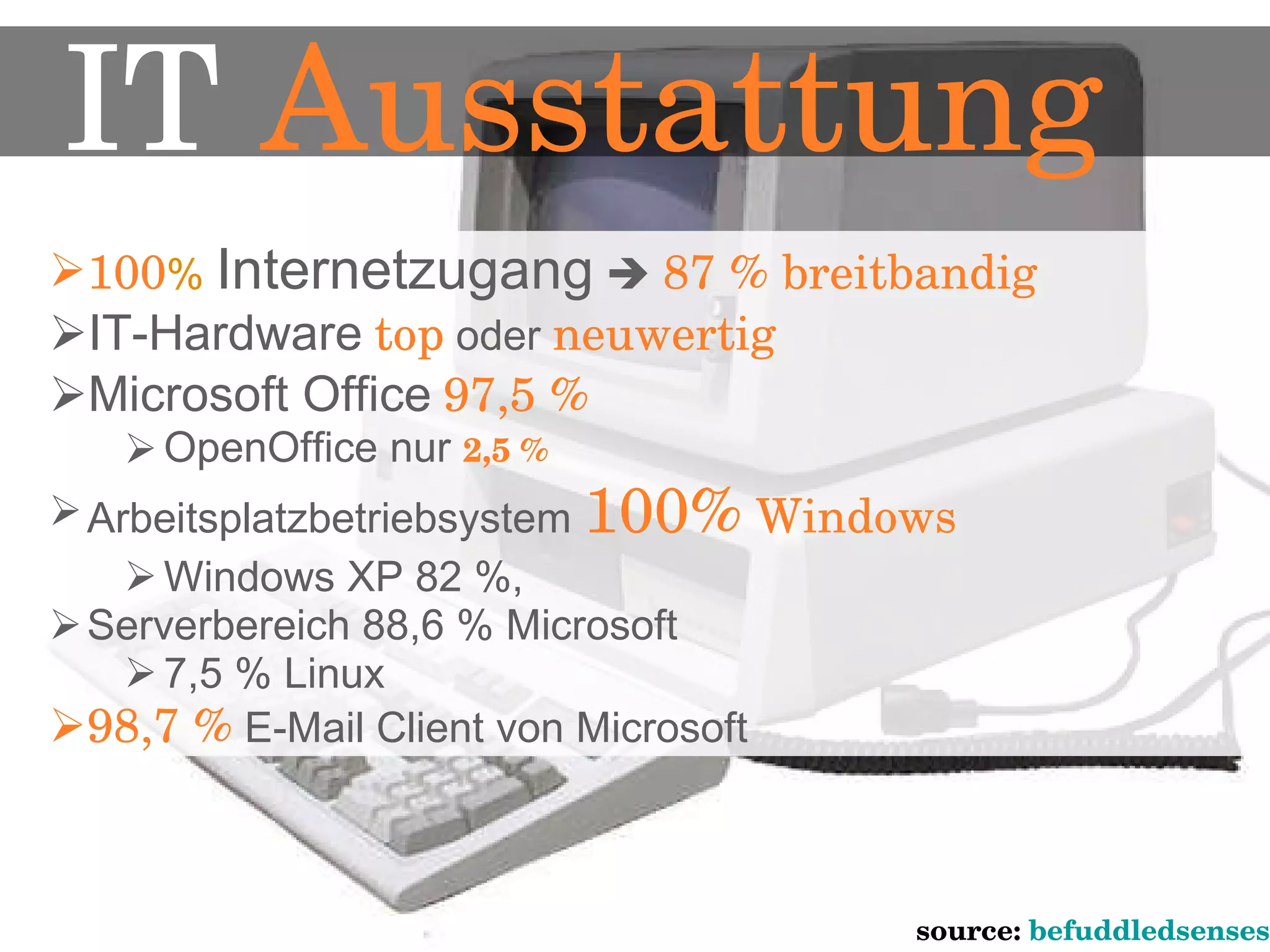IT  Ausstattung 100 %   Internetzugang      87 % breitbandig IT-Hardware   top  oder  neuwertig Microsoft Office   97,5 %  OpenOffice nur  2,5 % Arbeitsplatzbetriebsystem  100%  Windows  Windows XP 82 %,  Serverbereich 88,6 % Microsoft 7,5 % Linux 98,7 %  E-Mail Client von Microsoft source:  befuddledsenses   