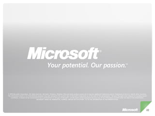 © 2010 Microsoft Corporation. All rights reserved. Microsoft, Windows, Windows Vista and other product names are or may be registered trademarks and/or trademarks in the U.S. and/or other countries.
The information herein is for informational purposes only and represents the current view of Microsoft Corporation as of the date of this presentation. Because Microsoft must respond to changing market
    conditions, it should not be interpreted to be a commitment on the part of Microsoft, and Microsoft cannot guarantee the accuracy of any information provided after the date of this presentation.
                                          MICROSOFT MAKES NO WARRANTIES, EXPRESS, IMPLIED OR STATUTORY, AS TO THE INFORMATION IN THIS PRESENTATION.




                                                                                                                                                                                                        22
 