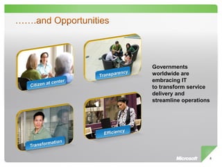 Governments
worldwide are
embracing IT
to transform service
delivery and
streamline operations




                    4
 