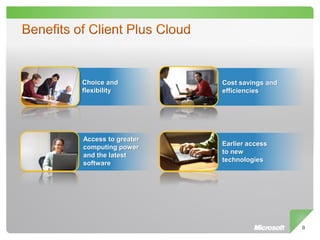 Choice and          Cost savings and
flexibility         efficiencies




Access to greater
                    Earlier access
computing power
                    to new
and the latest
                    technologies
software




                                       9
 