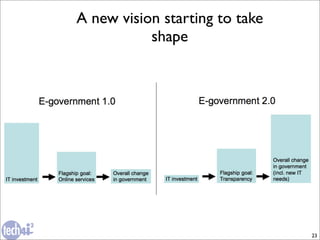 A new vision starting to take
                                      shape




To sum up, transparency, which enhances accountability and choice, can be a powerful driver, a catalyst and
a flagship for “transformational government”, rather than for “eGovernment” only.

6 What is new?                                                                                                23
 