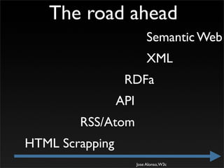 The road ahead
                            Semantic Web
                            XML
                  RDFa
                 API
        RSS/Atom
HTML Scrapping
                       Jose Alonso, W3c
 
