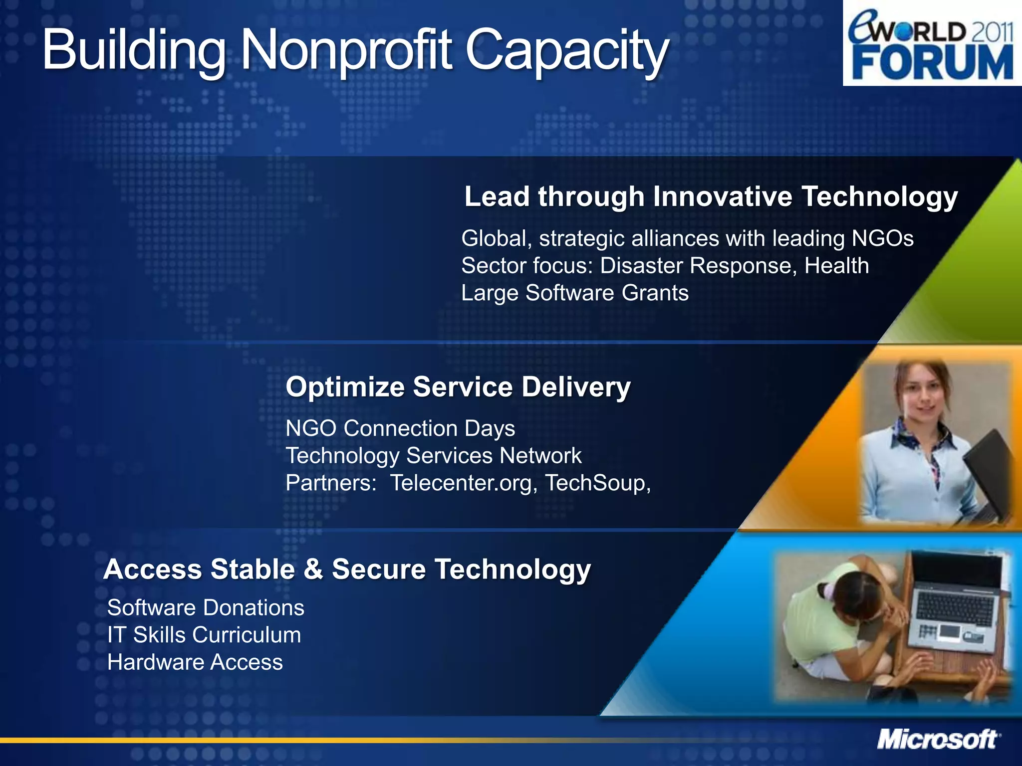 InnovationSkills Training for IndividualsCommunity Technology Skills ProgramFocus on employability and workforce developmentTo enter workforce, advance, and start a business1,000 NGO partners supporting 60,000 Community Technology CentersOver 190 million people reached in more than 100 countries since 2003Unlimited Potential and Digital Literacy curriculum