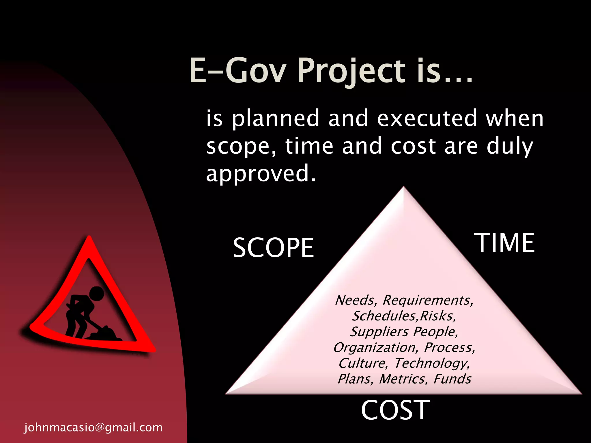 E-Gov Project is…
johnmacasio@gmail.com
is planned and executed when
scope, time and cost are duly
approved.
Needs, Requirements,
Schedules,Risks,
Suppliers People,
Organization, Process,
Culture, Technology,
Plans, Metrics, Funds
COST
TIMESCOPE
 