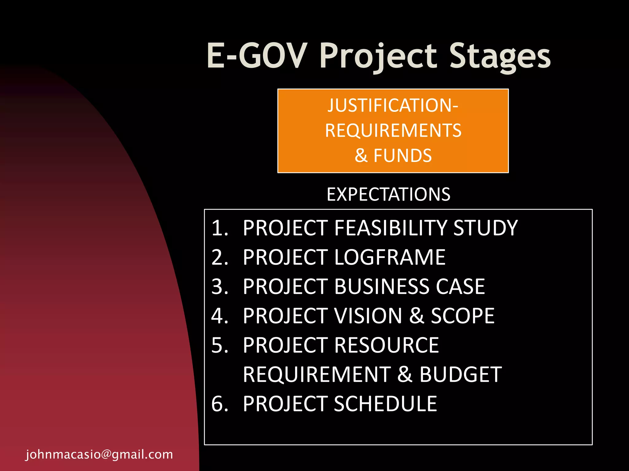 E-GOV Project Stages
johnmacasio@gmail.com
JUSTIFICATION-
REQUIREMENTS
& FUNDS
1. PROJECT FEASIBILITY STUDY
2. PROJECT LOGFRAME
3. PROJECT BUSINESS CASE
4. PROJECT VISION & SCOPE
5. PROJECT RESOURCE
REQUIREMENT & BUDGET
6. PROJECT SCHEDULE
EXPECTATIONS
 