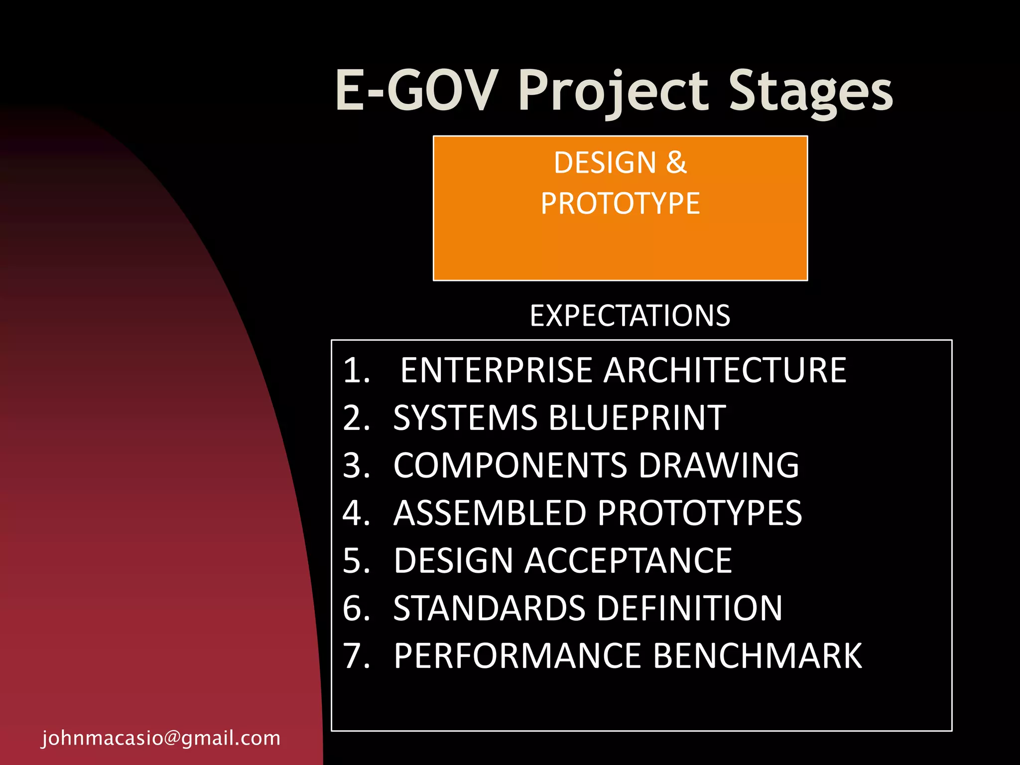 E-GOV Project Stages
johnmacasio@gmail.com
1. ENTERPRISE ARCHITECTURE
2. SYSTEMS BLUEPRINT
3. COMPONENTS DRAWING
4. ASSEMBLED PROTOTYPES
5. DESIGN ACCEPTANCE
6. STANDARDS DEFINITION
7. PERFORMANCE BENCHMARK
DESIGN &
PROTOTYPE
EXPECTATIONS
 
