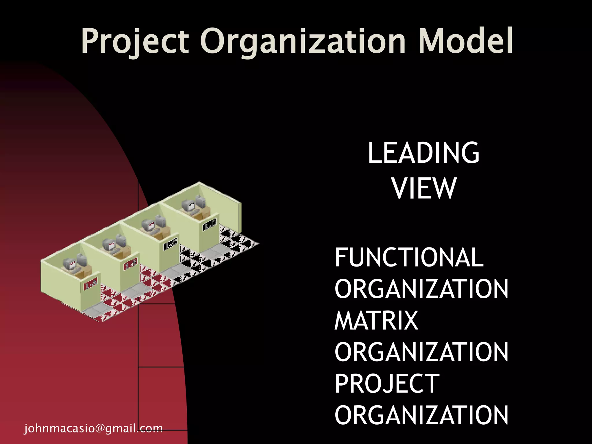 Project Organization Model
johnmacasio@gmail.com
LEADING
VIEW
FUNCTIONAL
ORGANIZATION
MATRIX
ORGANIZATION
PROJECT
ORGANIZATION
 