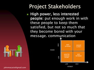 Project Stakeholders
johnmacasio@gmail.com
 High power, less interested
people: put enough work in with
these people to keep them
satisfied, but not so much that
they become bored with your
message. communication
POWER
INTEREST
KEEP
SATISFIED
MANAGE
CLOSELY
MONITOR
MINIMUM
EFFORT
KEEP
INFORMED
LOW HIGH
LOWHIGH
 