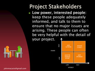 Project Stakeholders
johnmacasio@gmail.com
 Low power, interested people:
keep these people adequately
informed, and talk to them to
ensure that no major issues are
arising. These people can often
be very helpful with the detail of
your project.
POWER
INTEREST
KEEP
SATISFIED
MANAGE
CLOSELY
MONITOR
MINIMUM
EFFORT
KEEP
INFORMED
LOW HIGH
LOWHIGH
 